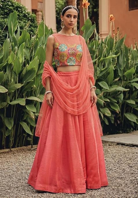 Peach Printed Tissue Lehenga Set