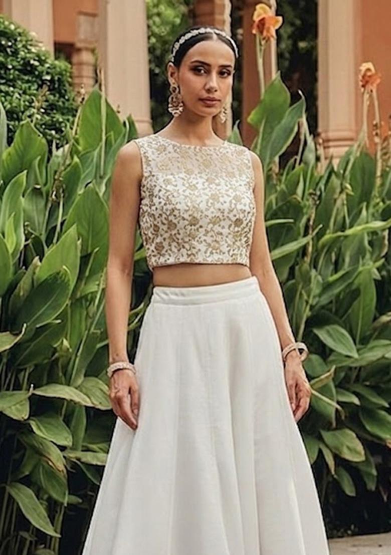 White  Chanderi Lehenga Set - Indya