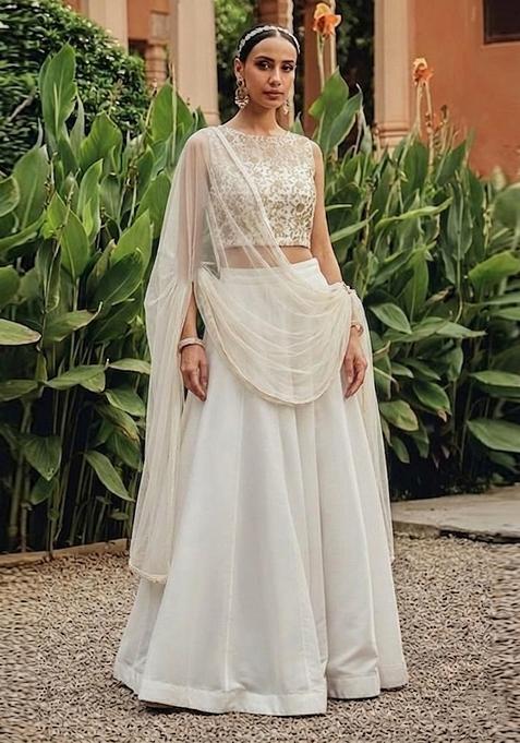 White Chanderi Lehenga Set