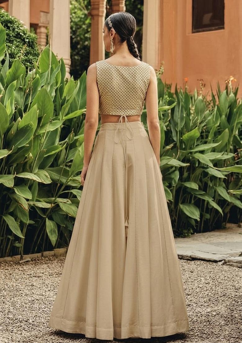 Beige Mirror Georgette Lehenga Set - Indya