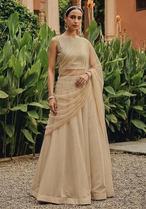 Beige Mirror Georgette Lehenga Set
