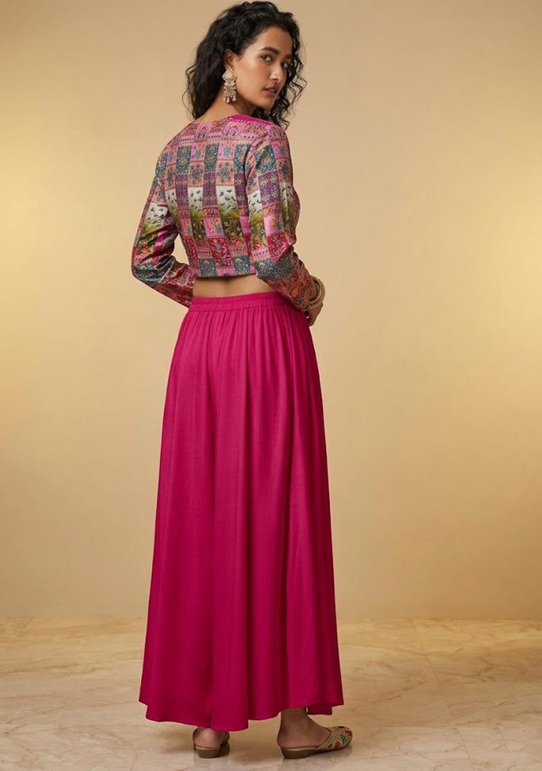 Hot Pink Printed Crepe Fusion Set - Indya