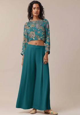 Teal Printed Crepe Fusion Set