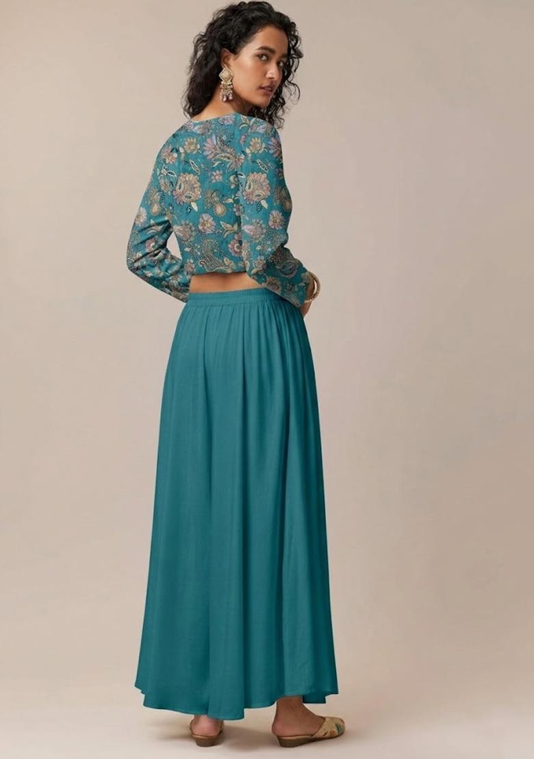 Teal Printed Crepe Fusion Set - Indya