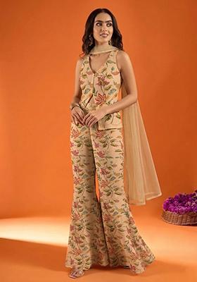 Sage Beige Embroidered Cosmos Fusion Set