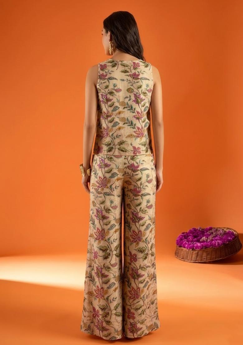 Sage Beige Embroidered Cosmos Fusion Set - Indya