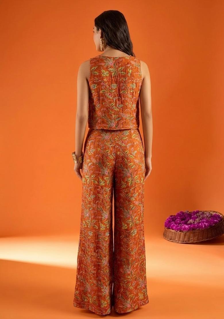Orange Embroidered Cosmos Fusion Set - Indya