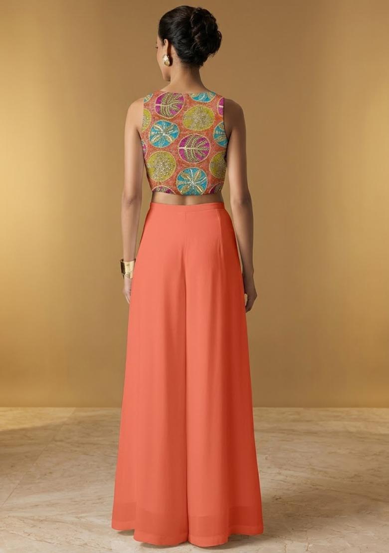 Coral Orange Printed Tissue Fusion Set - Indya