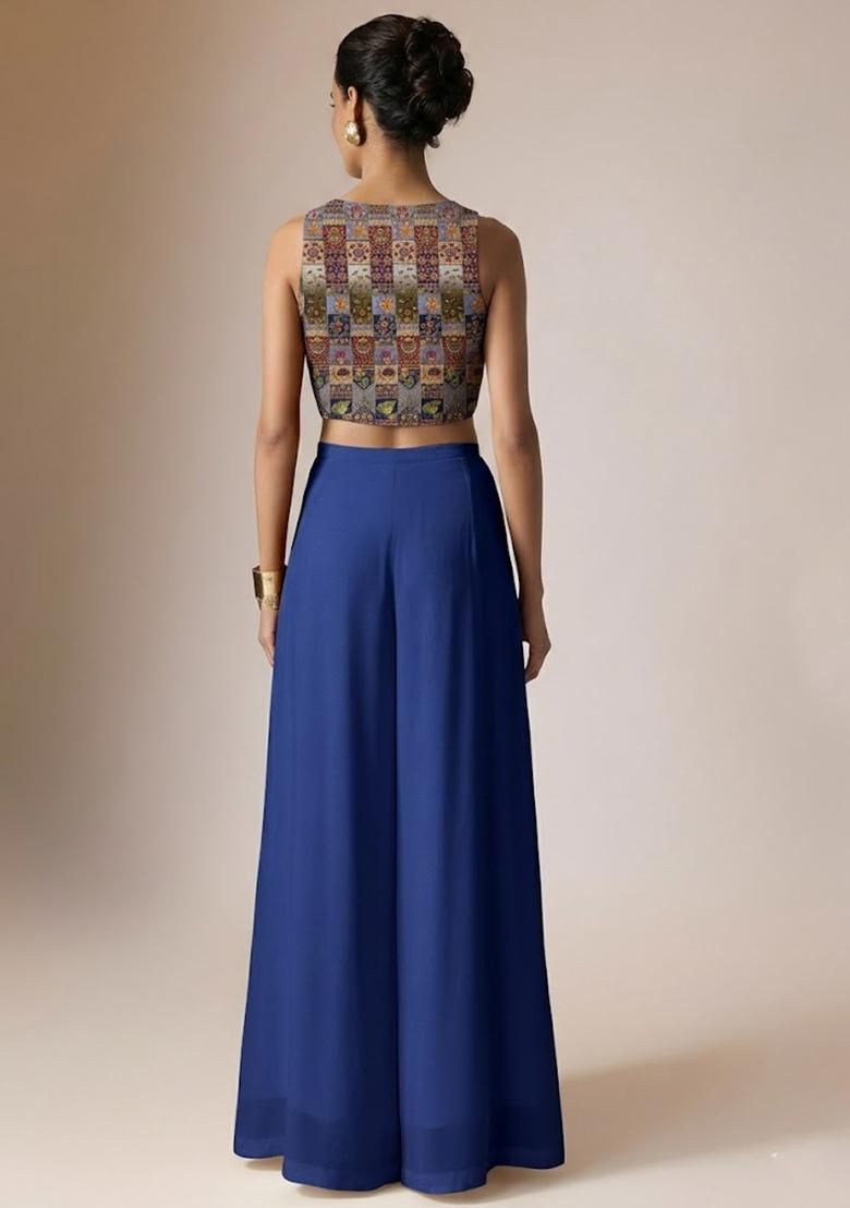 Navy Blue Printed Crepe Fusion Set - Indya