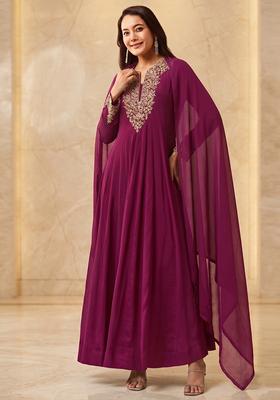 Magenta Purple Embroidered Handwork Anarkali with Dupatta