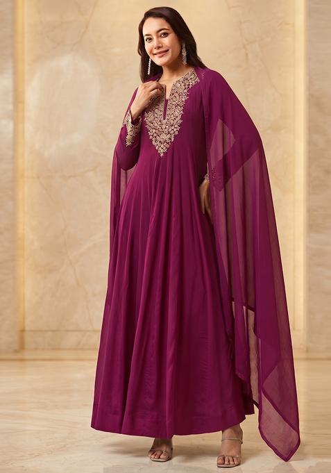 Magenta Purple Embroidered Handwork Anarkali with Dupatta