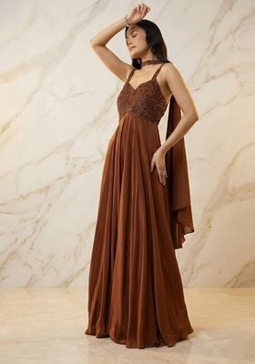 Rust Brown Embroidered Handwork Anarkali with Dupatta
