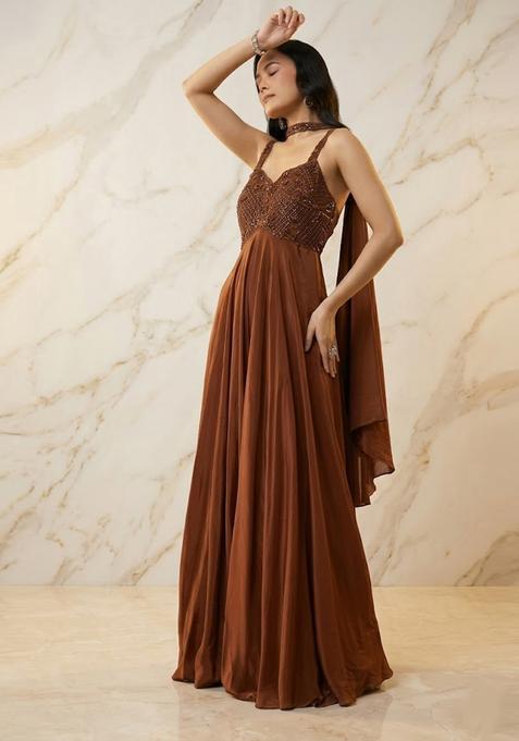 Rust Brown Embroidered Handwork Anarkali with Dupatta