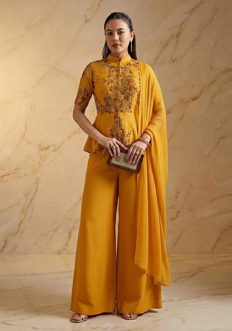 Mustard Yellow Embroidered Handwork Sharara Set