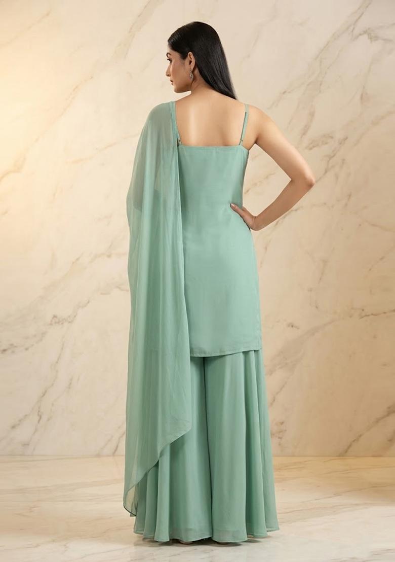Sage Green Embroidered Handwork Sharara Set - Indya