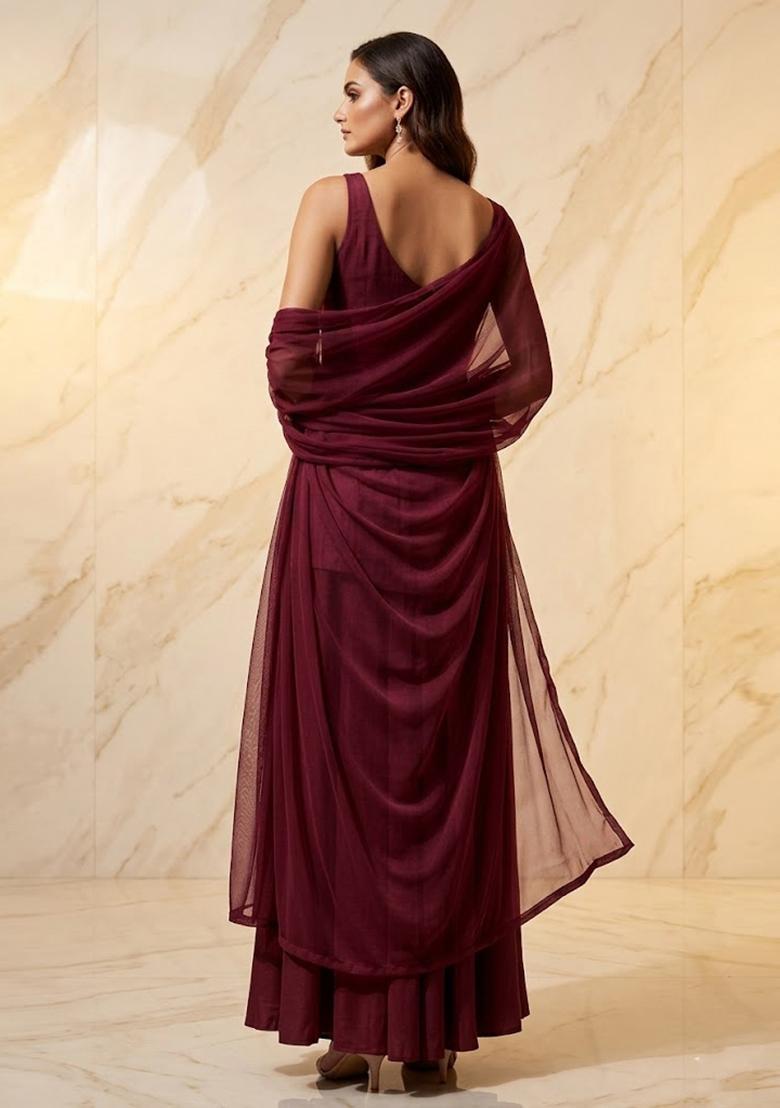 Deep Red Embroidered Handwork Kurta Set - Indya