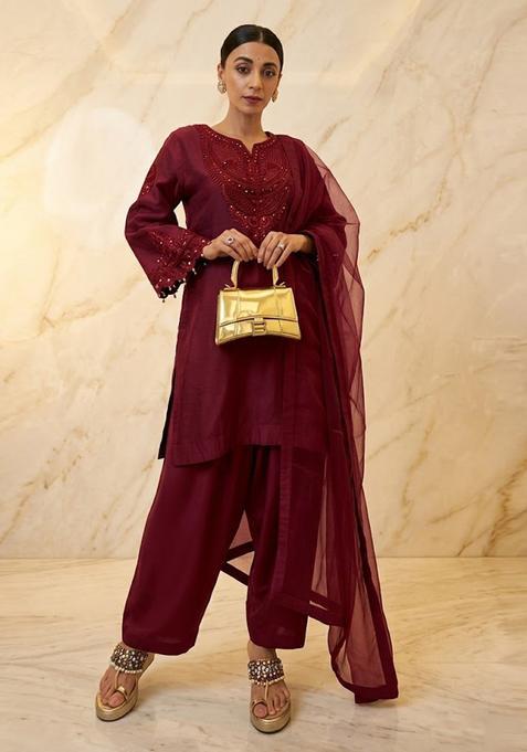 Deep Red Embroidered Handwork Kurta Set