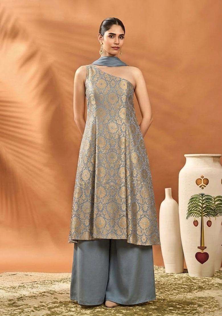 Slate Blue Brocade Sharara Set - Indya