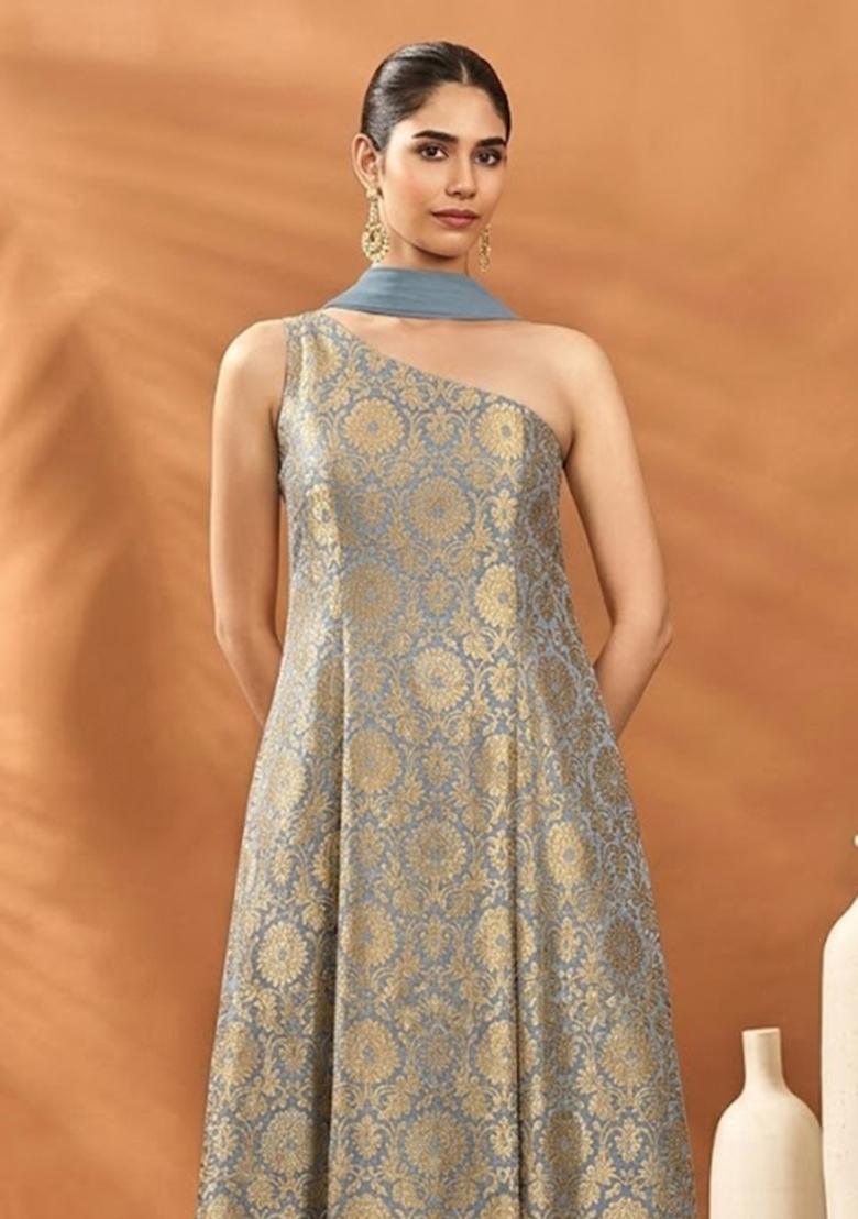 Slate Blue Brocade Sharara Set - Indya