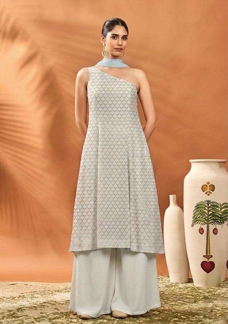 Silver Grey Brocade Sharara Set - Indya