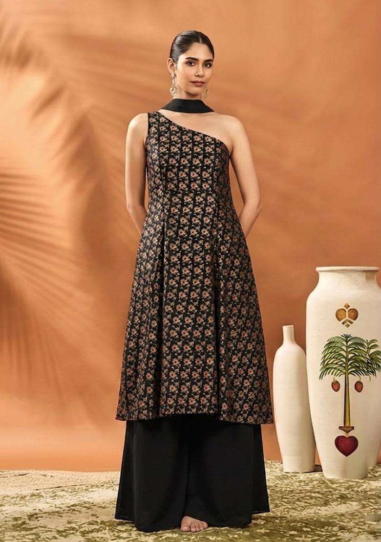 Jet Black Brocade Sharara Set - Indya