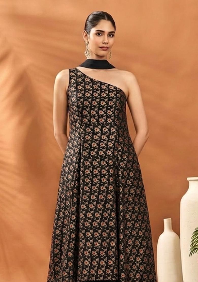 Jet Black Brocade Sharara Set - Indya