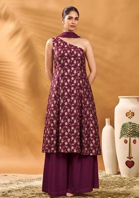 Wine Purple Brocade Sharara Set