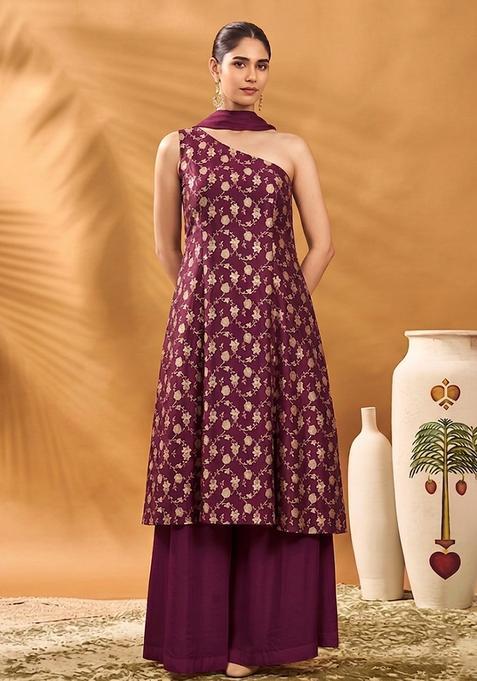 Wine Purple Brocade Sharara Set