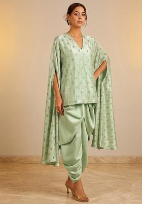 Mint Green Embroidered Silk Fusion Set