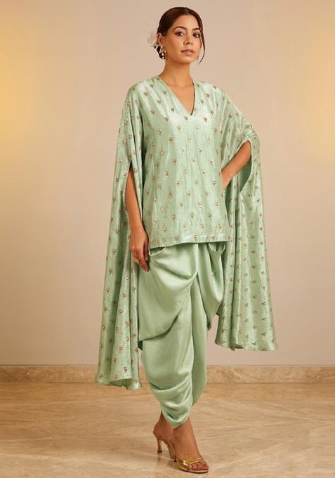 Mint Green Embroidered Silk Fusion Set