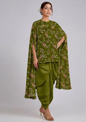 Olive Green Embroidered Crepe Fusion Set
