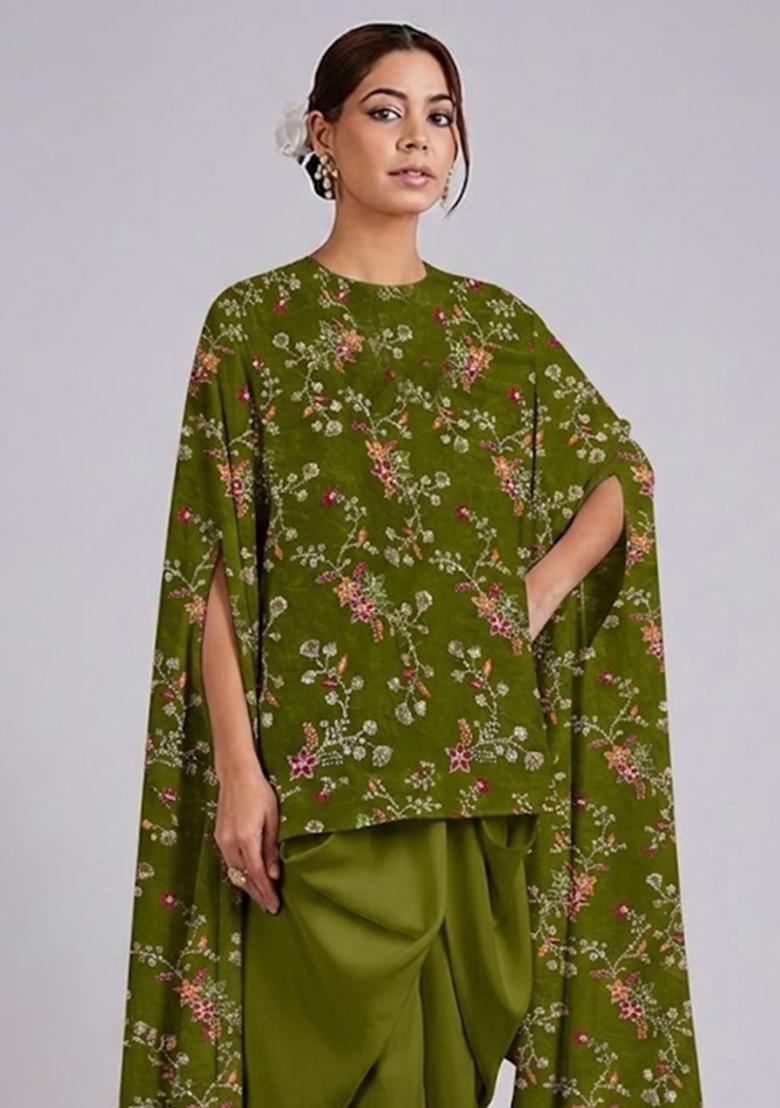 Olive Green Embroidered Crepe Fusion Set - Indya