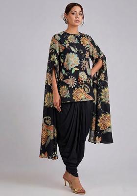 Jet Black Printed Crepe Fusion Set