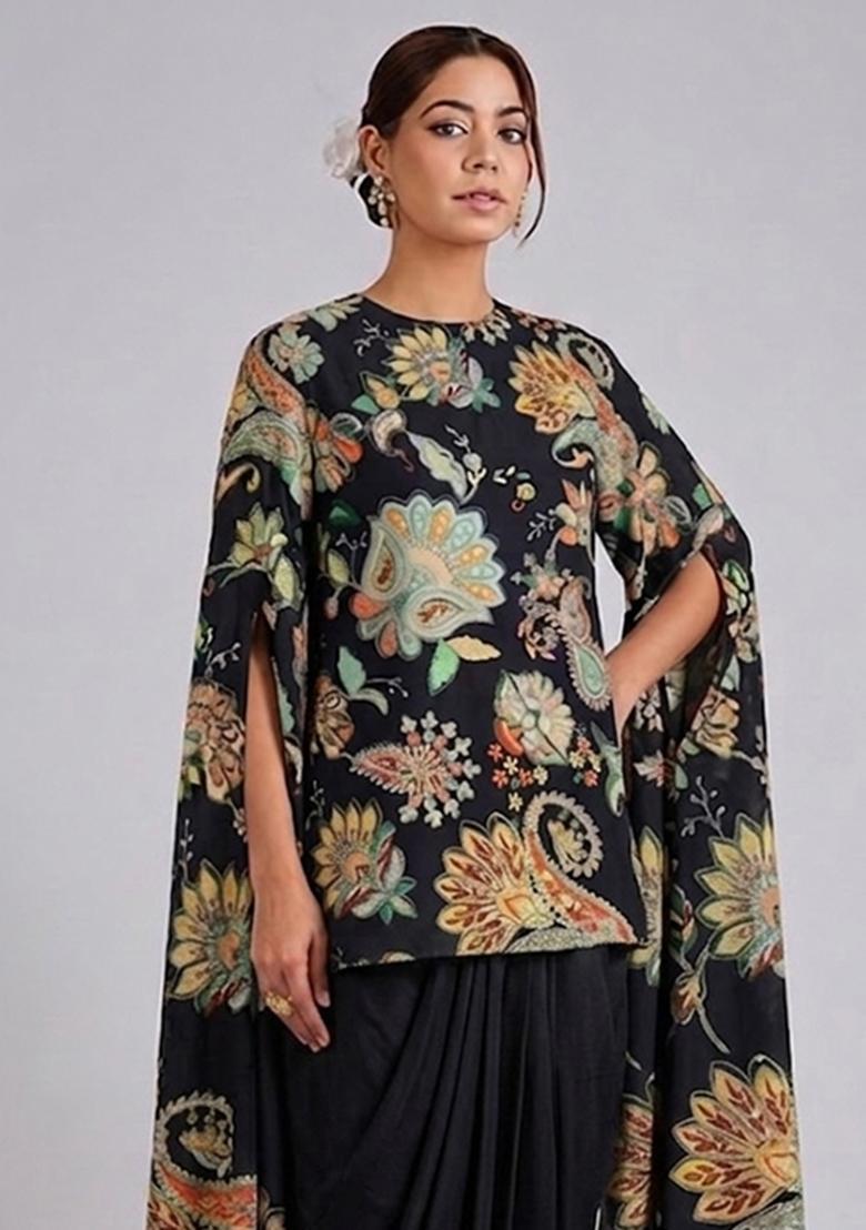 Jet Black Printed Crepe Fusion Set - Indya