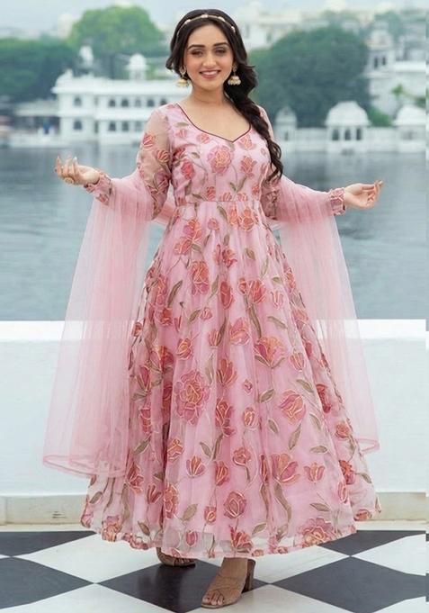Baby Pink Embroidered Organza Anarkali with Dupatta