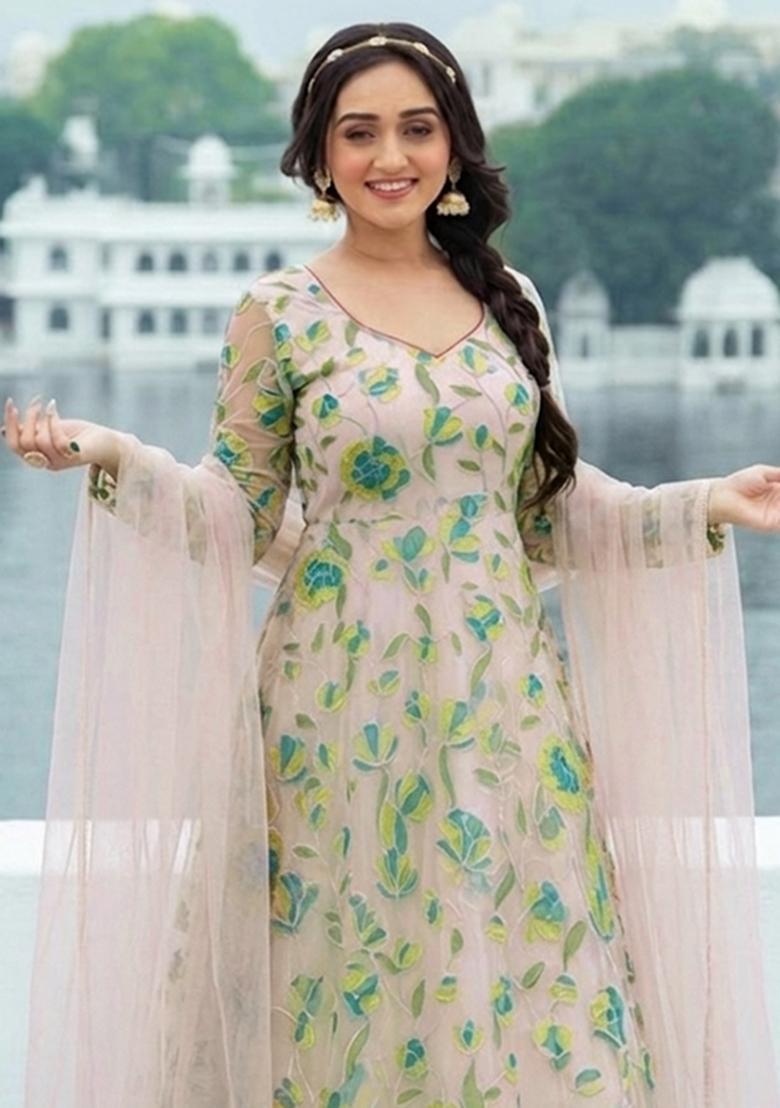 Mint Green Embroidered Organza Anarkali with Dupatta - Indya
