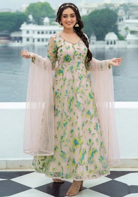Mint Green Embroidered Organza Anarkali with Dupatta