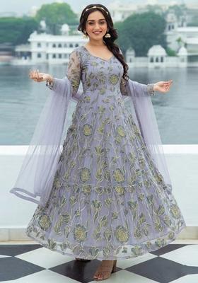 Dusty Lavender Embroidered Organza Anarkali with Dupatta
