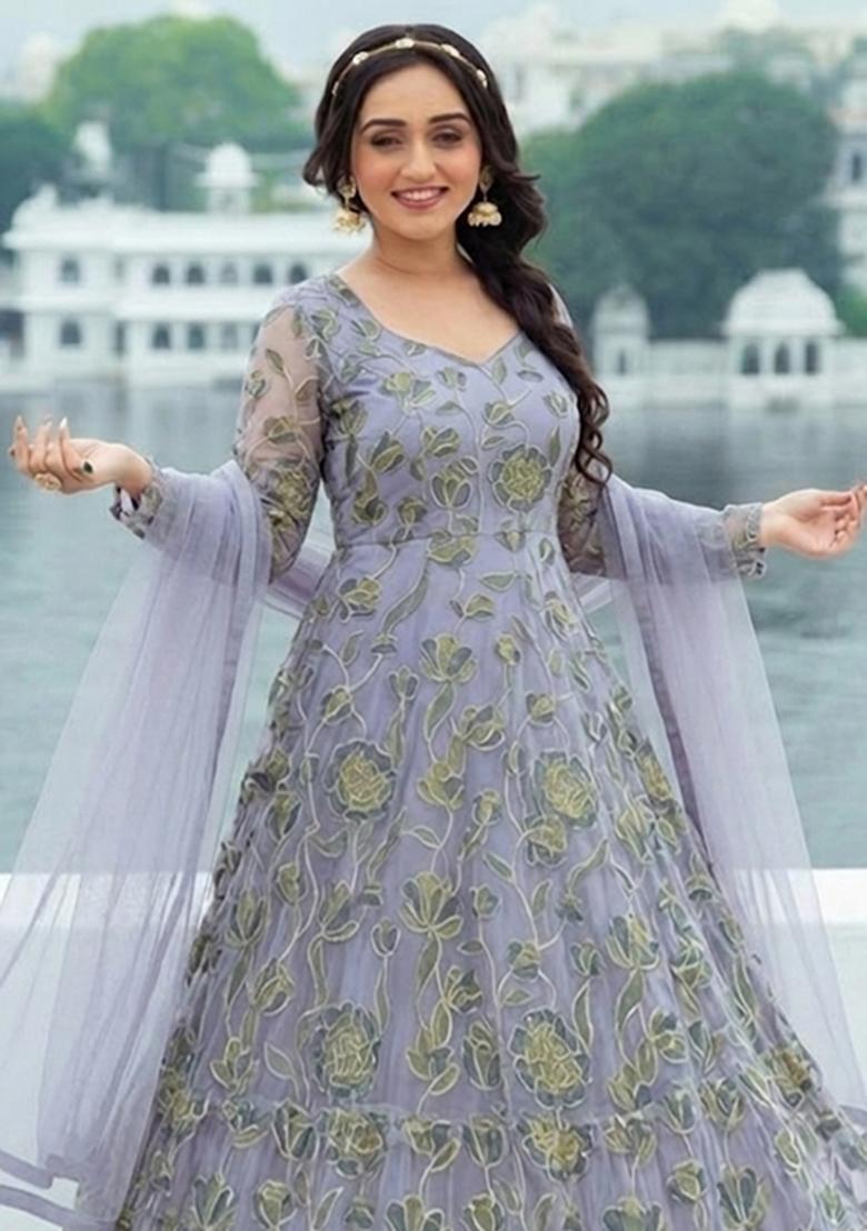 Dusty Lavender Embroidered Organza Anarkali with Dupatta - Indya