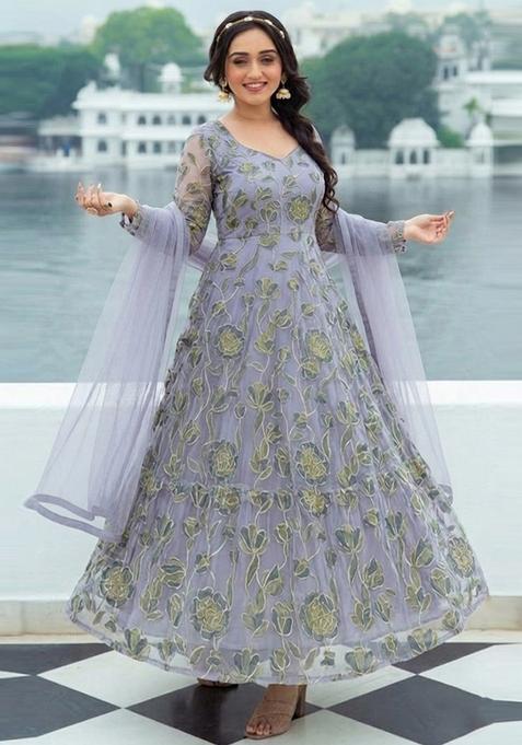 Dusty Lavender Embroidered Organza Anarkali with Dupatta