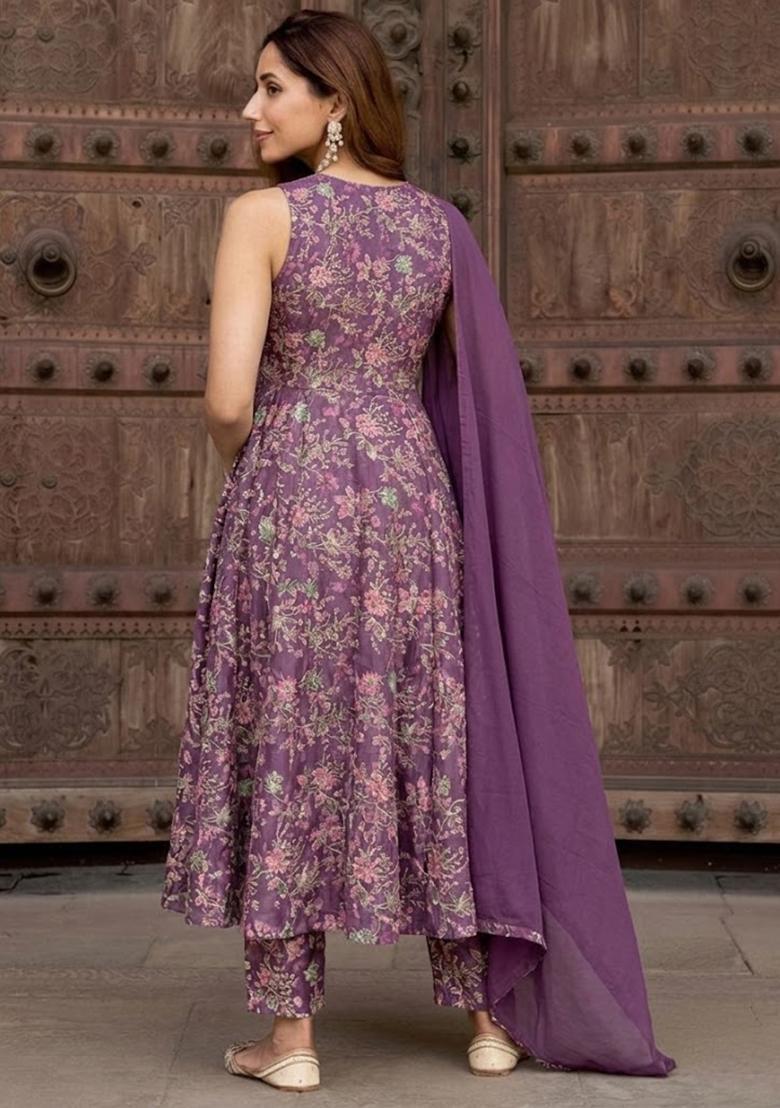Plum Purple Printed Crepe Anarkali Set - Indya