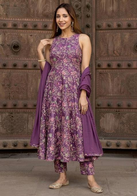 Plum Purple Printed Crepe Anarkali Set