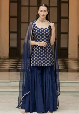 Navy Blue Brocade Sharara Set