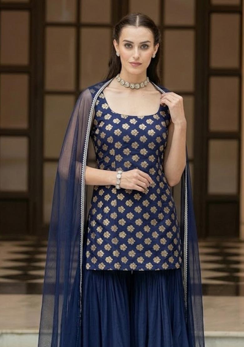 Navy Blue Brocade Sharara Set - Indya