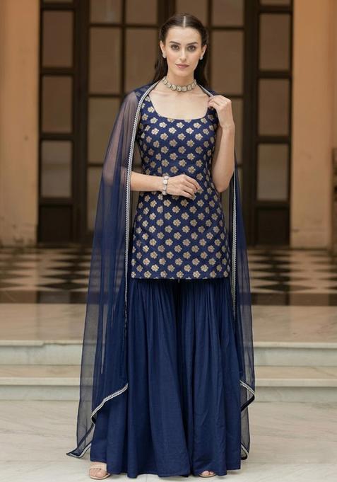 Navy Blue Brocade Sharara Set