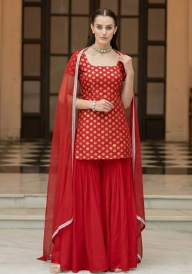 Crimson Red Brocade Sharara Set