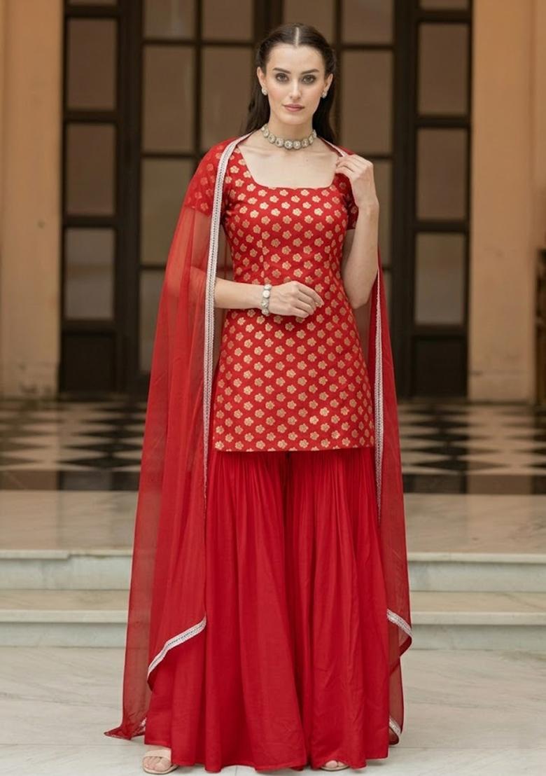 Crimson Red Brocade Sharara Set - Indya