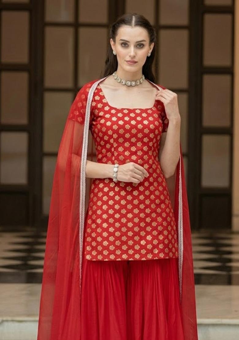 Crimson Red Brocade Sharara Set - Indya