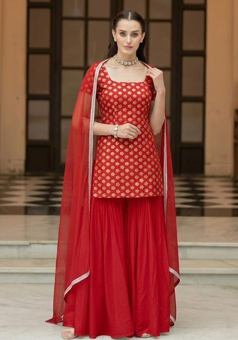 Crimson Red Brocade Sharara Set
