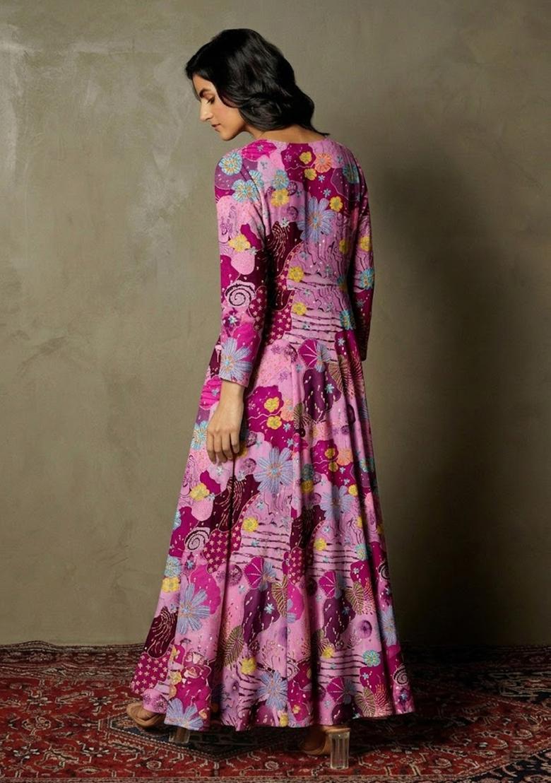 Magenta Pink Printed Crepe Anarkali  - Indya